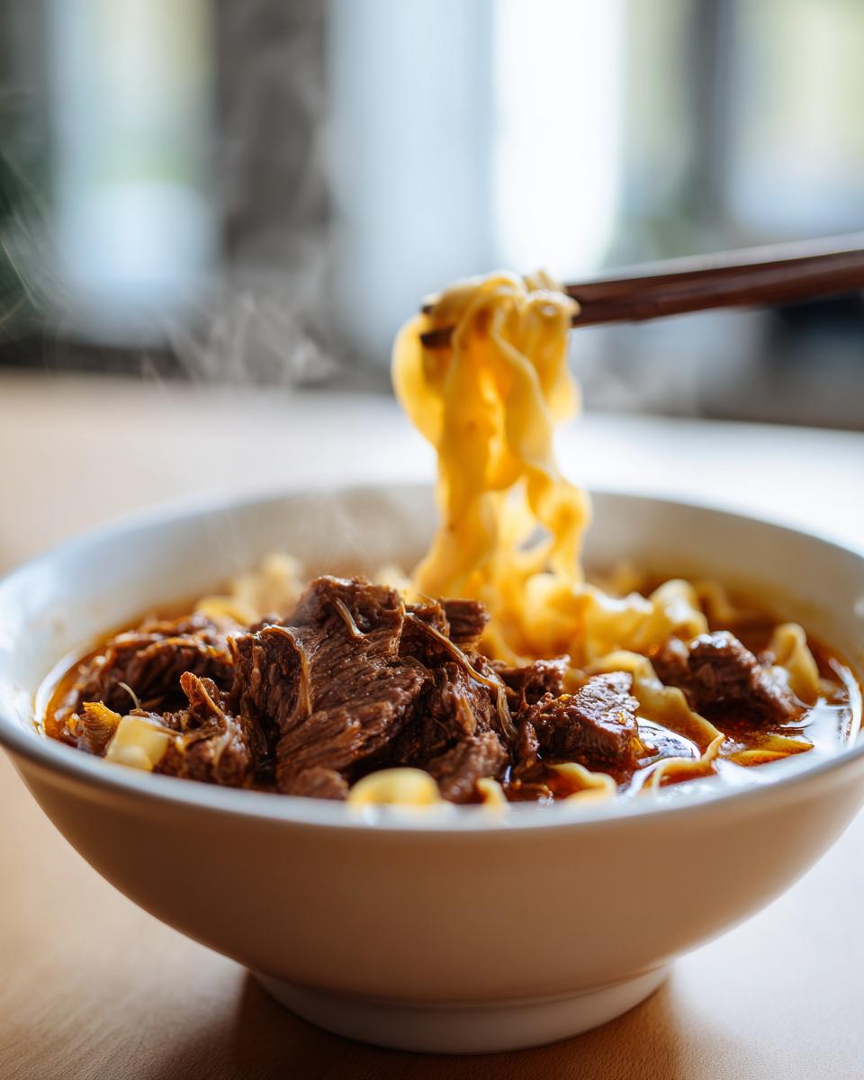 Chopsticks lifting noodles from a steaming bowl of rich beef noodle soup topped with tender chunks of beef.