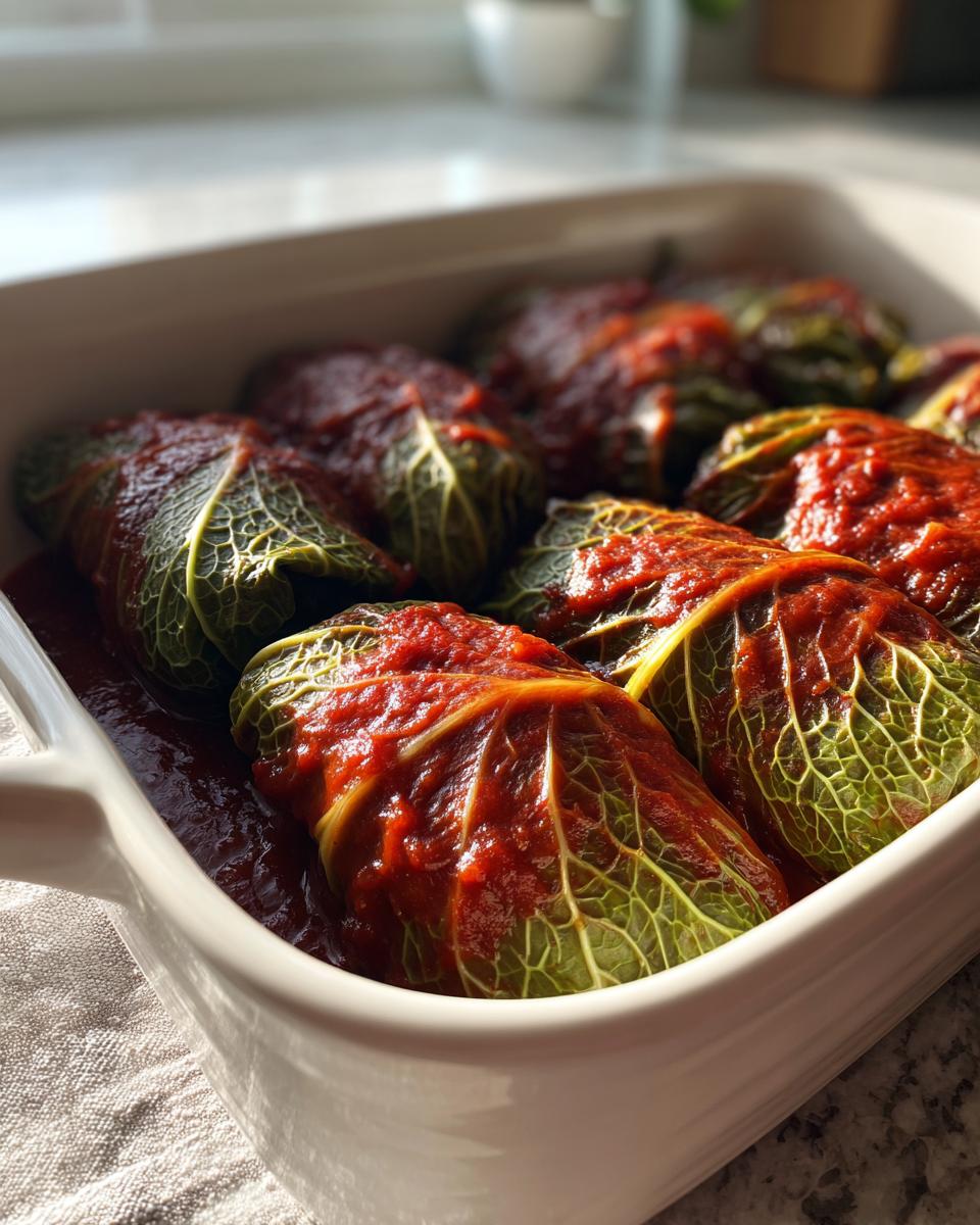 Close-up of homemade cabbage rolls nestled in a white baking dish, generously topped with rich tomato sauce.