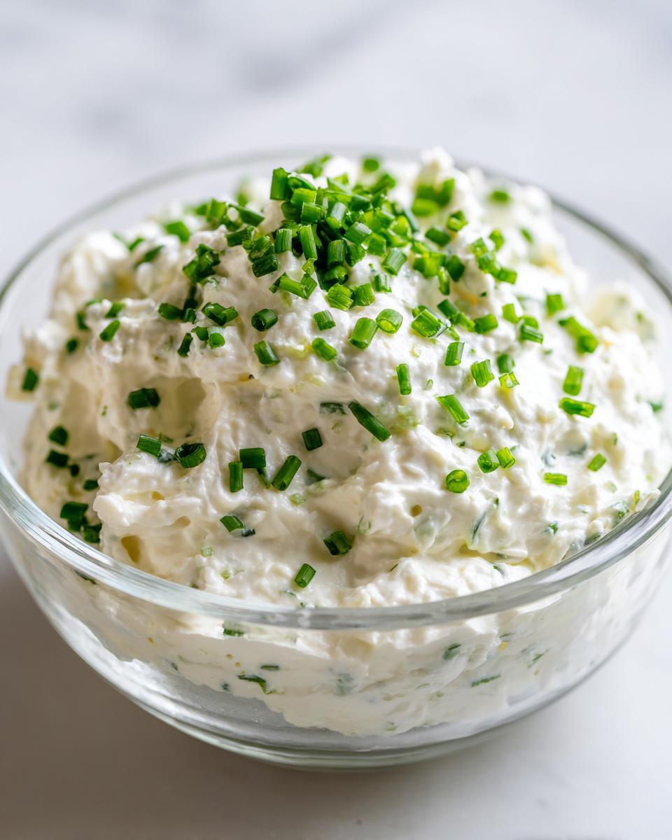 Close-up of a creamy, white clam dip topped generously with freshly chopped green chives in a clear glass bowl.