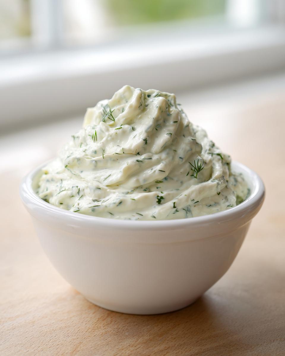 A close-up of a perfectly swirled mound of creamy dill dip, flecked with fresh dill, served in a small white bowl.