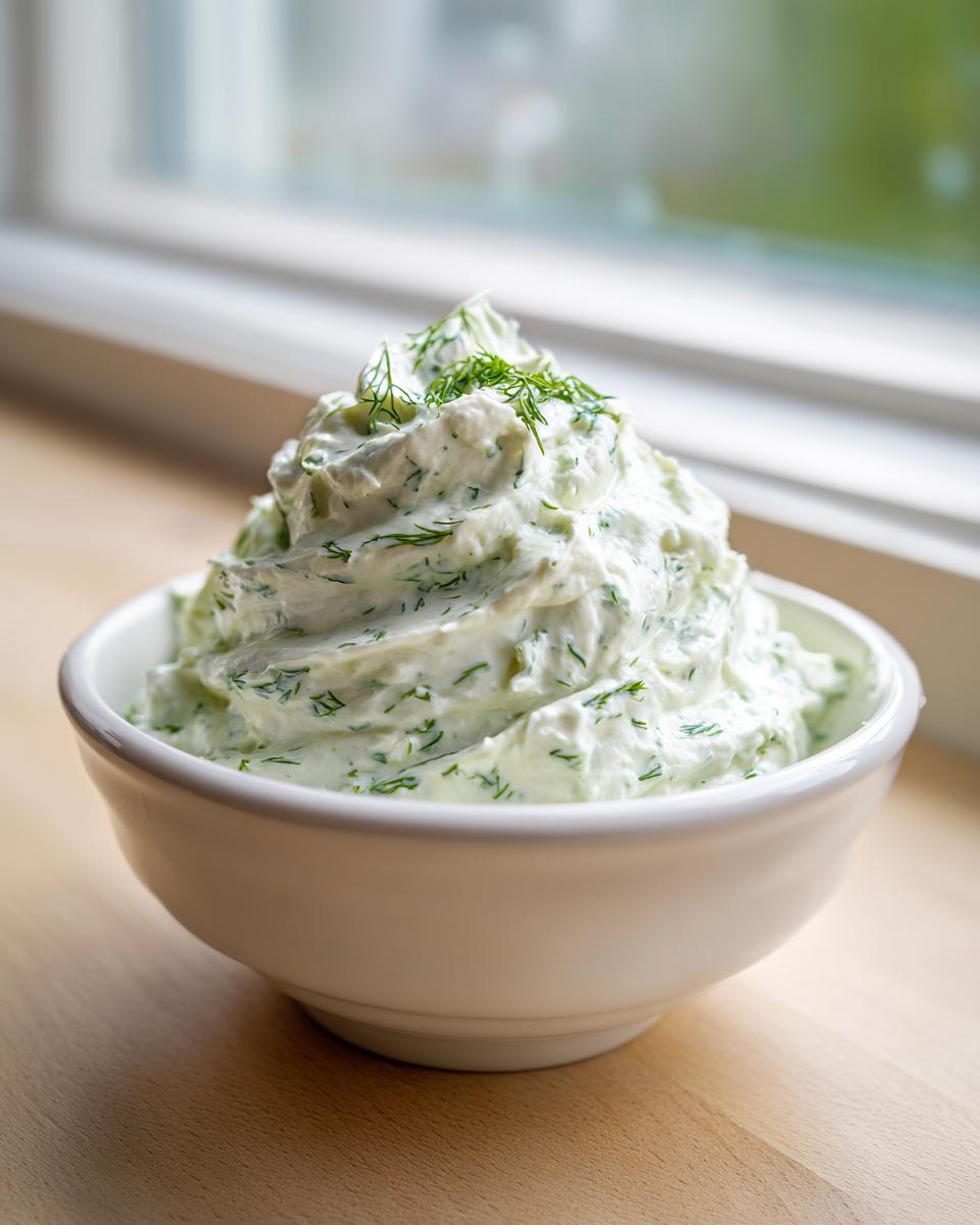 A generous swirl of creamy, green dill dip topped with fresh dill sprigs in a white bowl.
