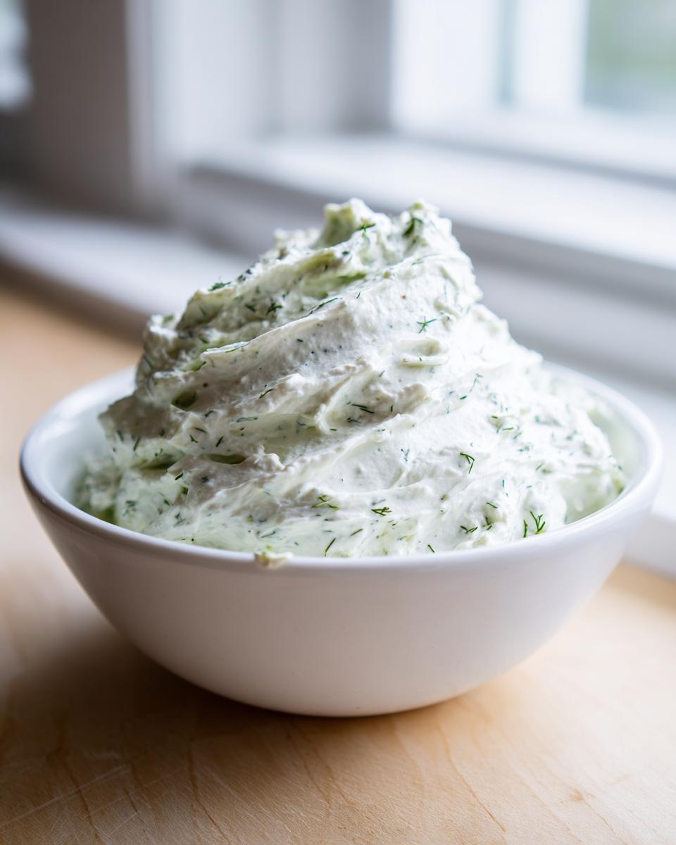 A generous mound of creamy, bright white dill dip speckled with fresh green dill, served in a white bowl.