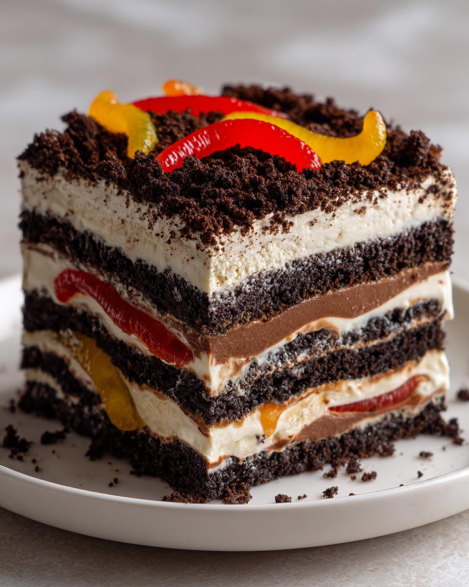 A square slice of layered dirt cake showing dark cookie crumbs, white cream, chocolate pudding, and gummy worms.