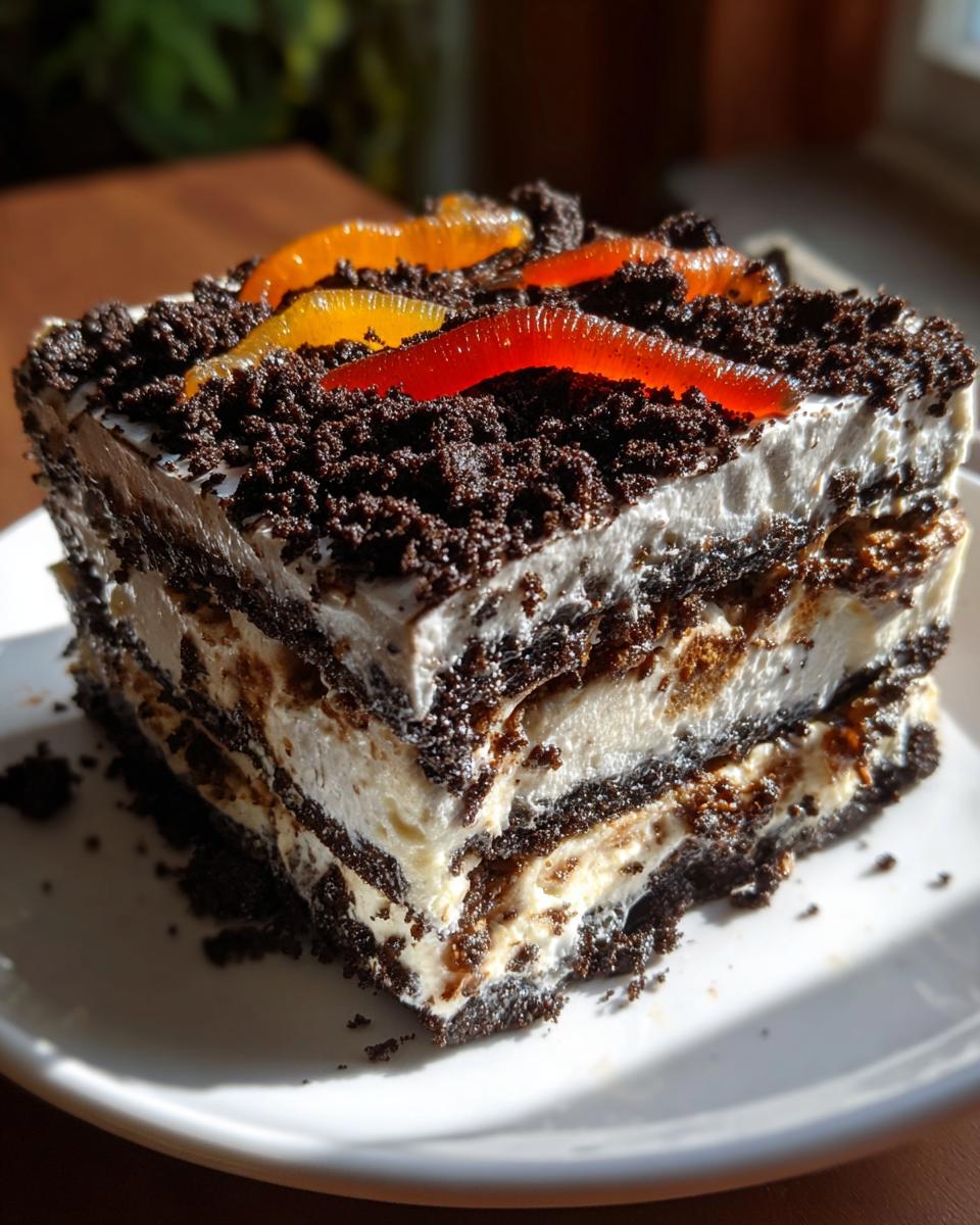 A layered slice of amazing dirt cake topped with crushed cookies and colorful gummy worms.