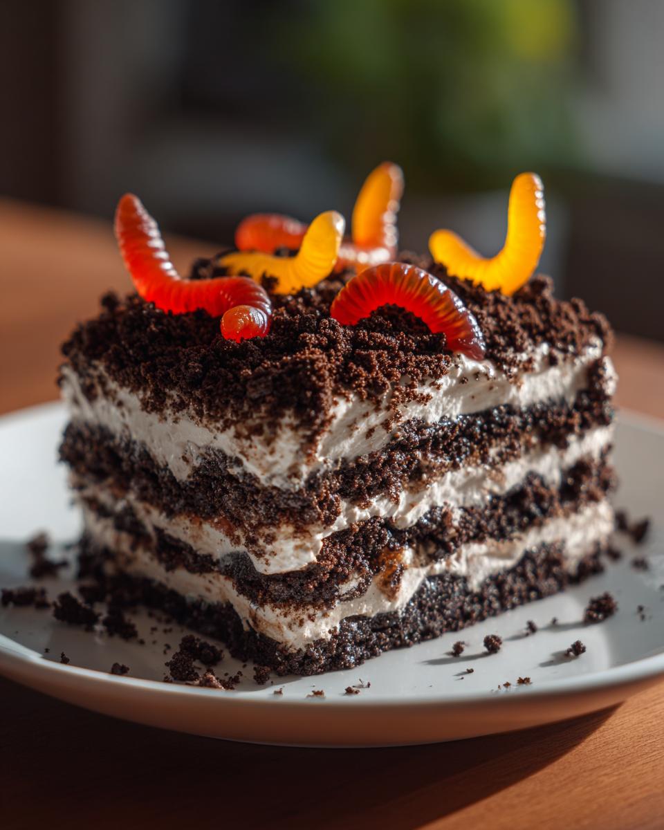 A layered slice of amazing dirt cake featuring chocolate cookie crumbs and cream, topped with colorful gummy worms.