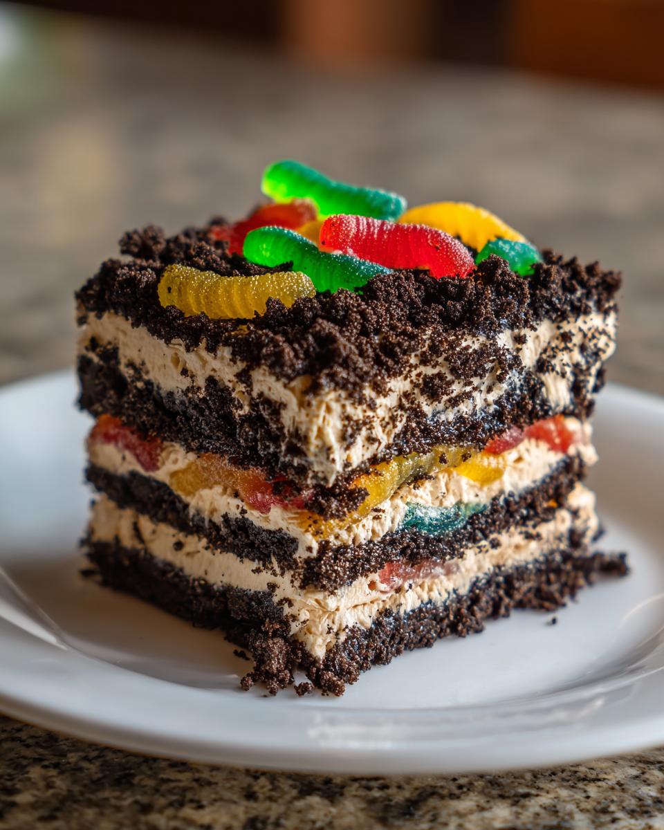 A layered slice of amazing dirt cake featuring chocolate cookie crumbs, cream filling, and colorful gummy worms.