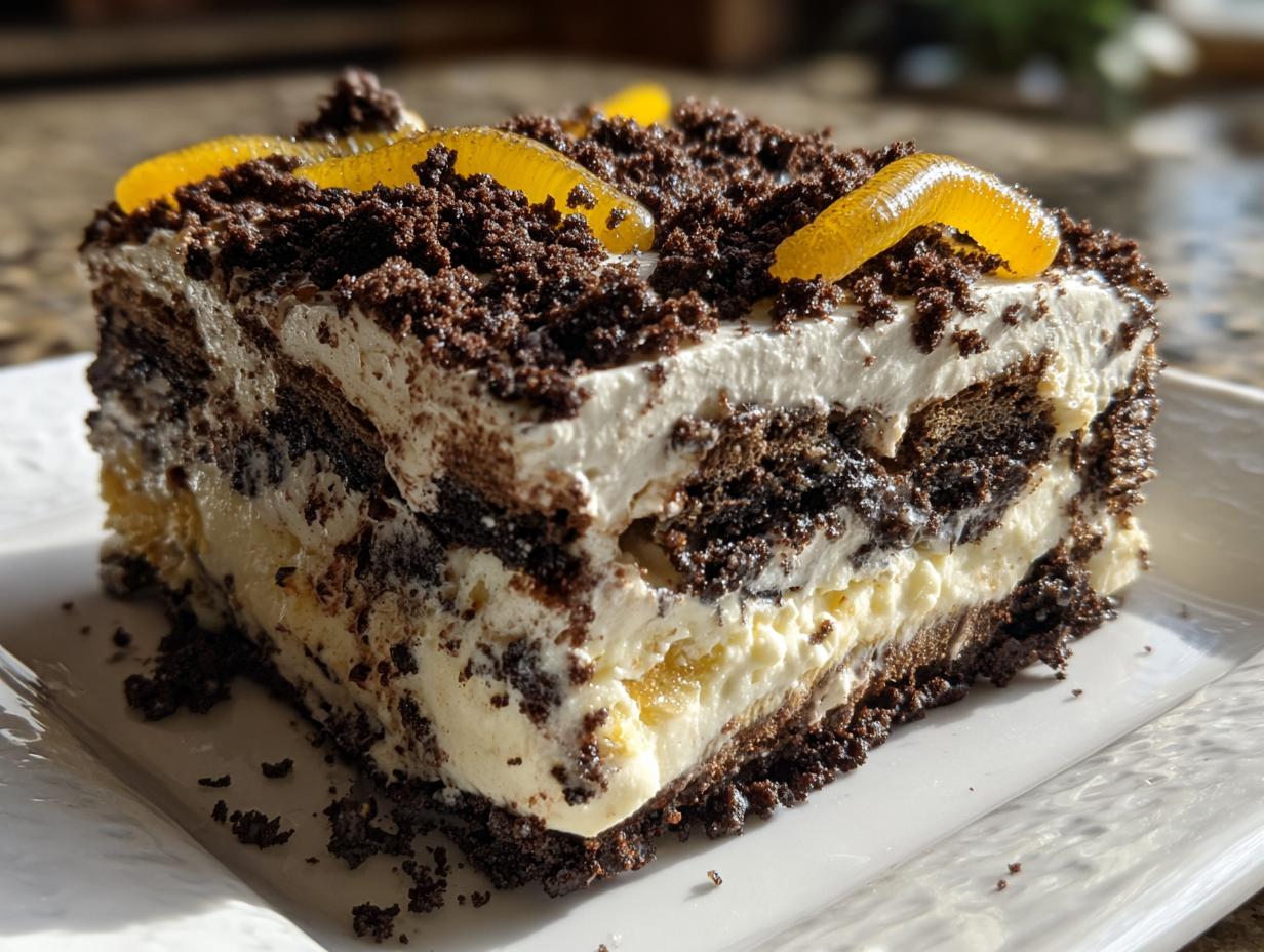 A layered slice of rich dirt cake featuring chocolate cookie crumbs, creamy filling, and topped with gummy worms.