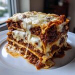 A tall, rich slice of amazing lasagna with layers of meat sauce and melted, gooey cheese dripping down the sides.