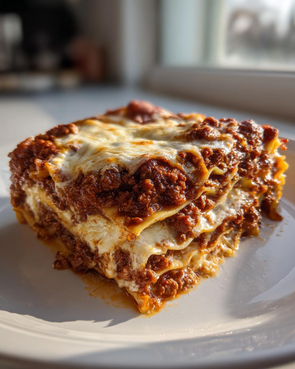 A thick, layered slice of amazing lasagna featuring rich meat sauce and melted mozzarella cheese, served on a white plate.