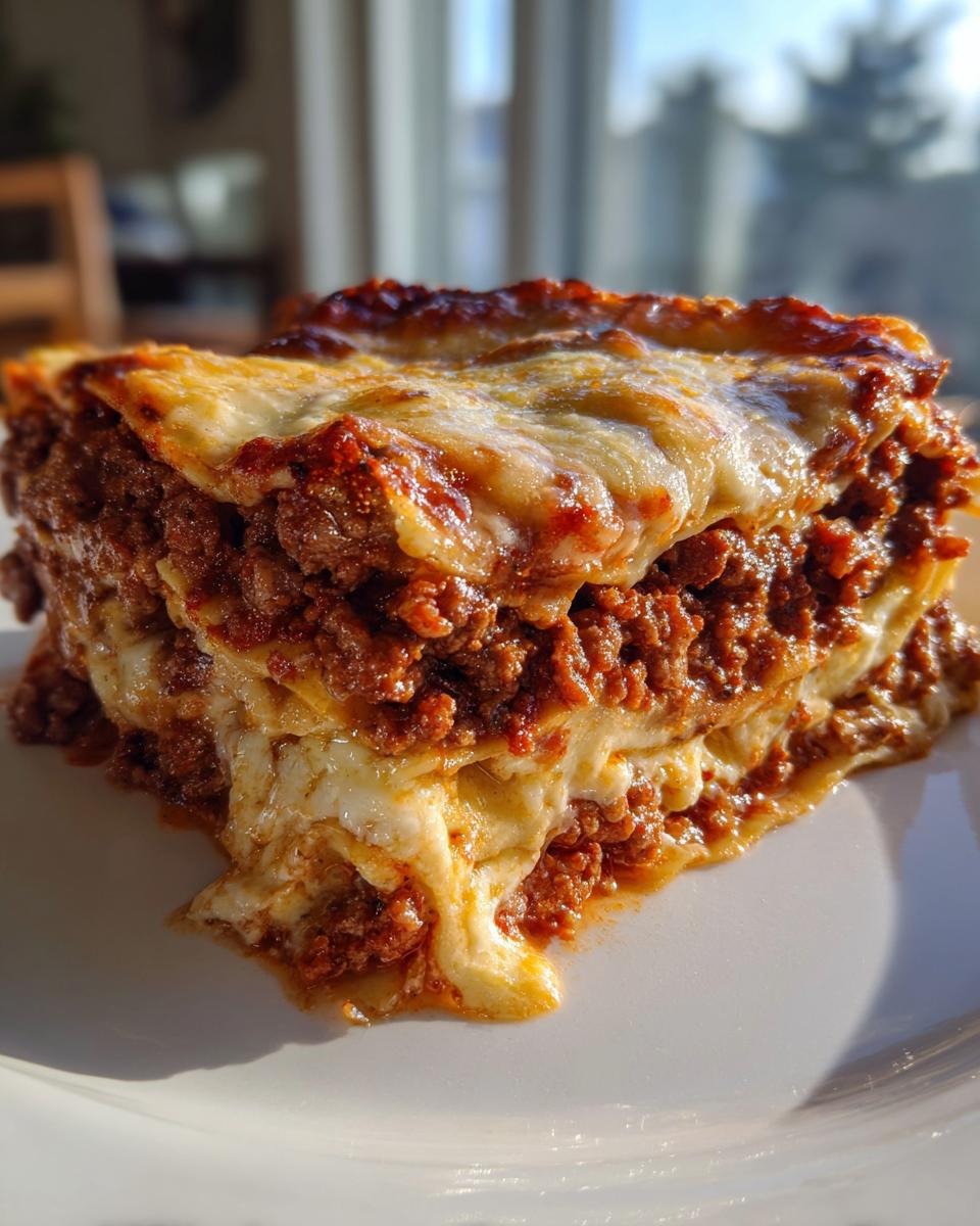 A thick, satisfying slice of amazing lasagna featuring rich meat sauce and melted cheese layers.