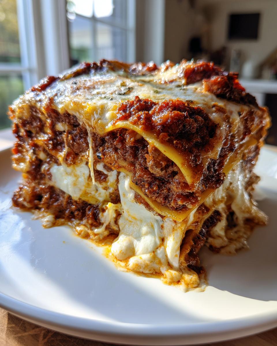 A thick, decadent slice of amazing lasagna with rich meat sauce and melted mozzarella cheese oozing out.