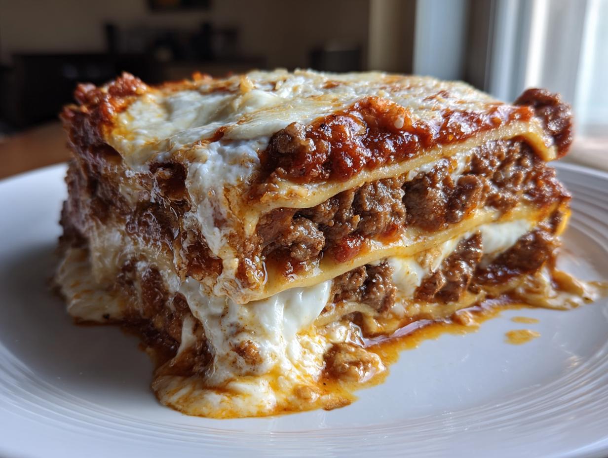 A thick, perfectly layered slice of meat lasagna oozing with rich sauce and melted cheese on a white plate.