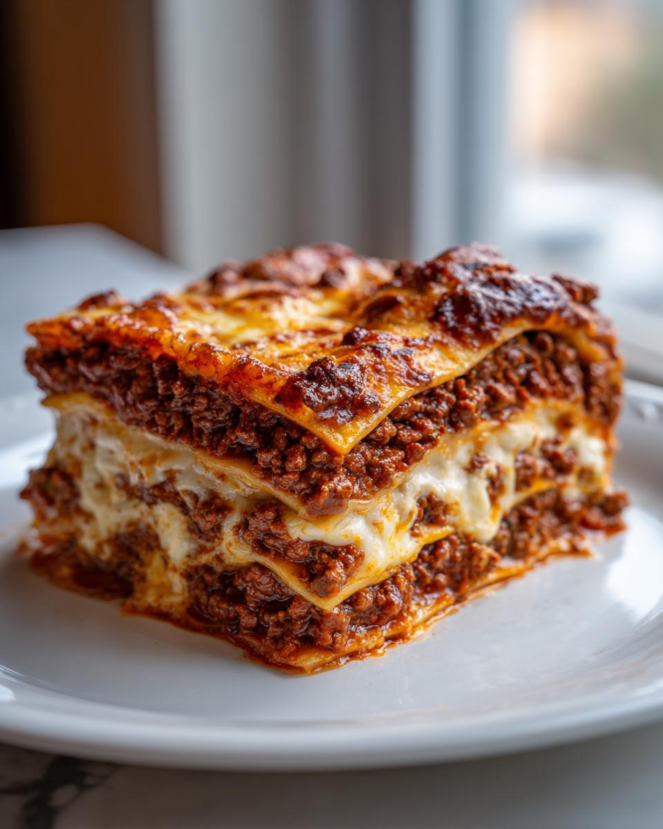 A thick, multi-layered slice of amazing lasagna featuring rich meat sauce and melted cheese on a white plate.