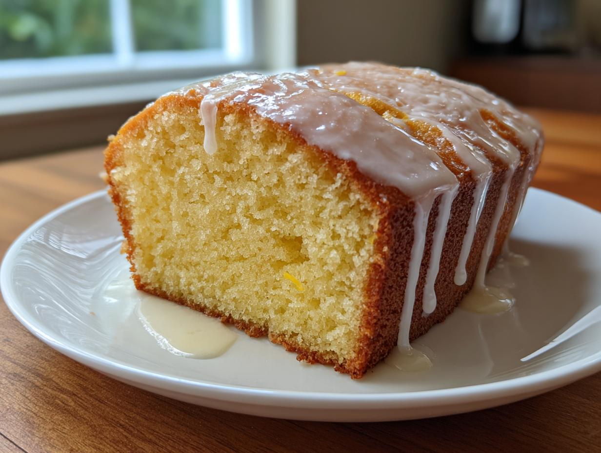 A close-up of a moist slice of lemon pound cake topped with a thick, dripping lemon glaze.
