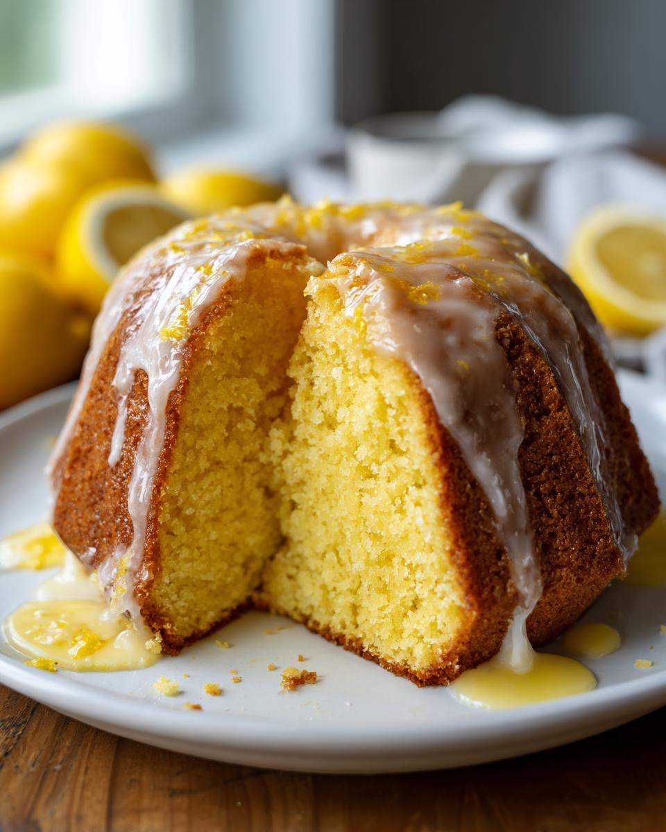 A slice removed from a bundt-style lemon pound cake, topped with a thick lemon glaze and zest.