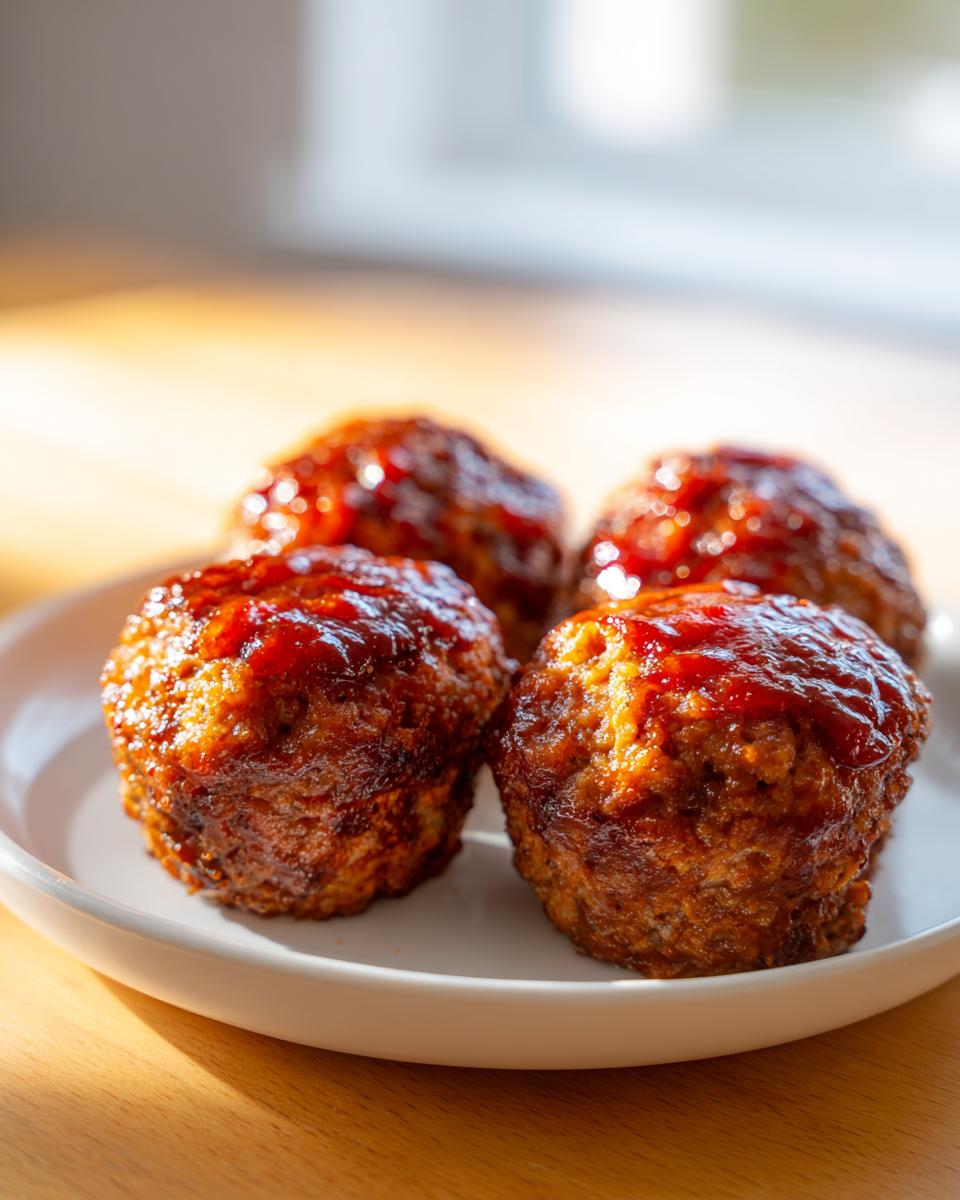 Four perfectly baked mini meatloaf portions with a shiny, dark red glaze, resting on a white plate.