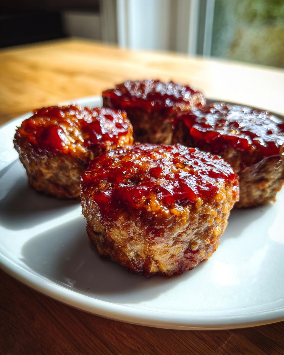 Four perfectly baked mini meatloaf portions topped with a shiny, red glaze, resting on a white plate.