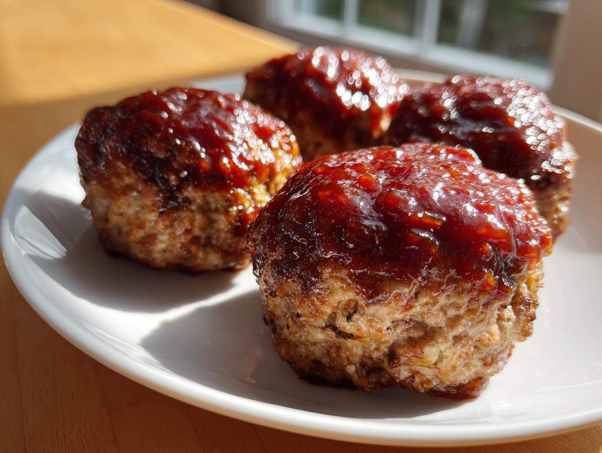 Four perfectly cooked mini meatloaf portions topped with a shiny, dark red glaze, sitting on a white plate.