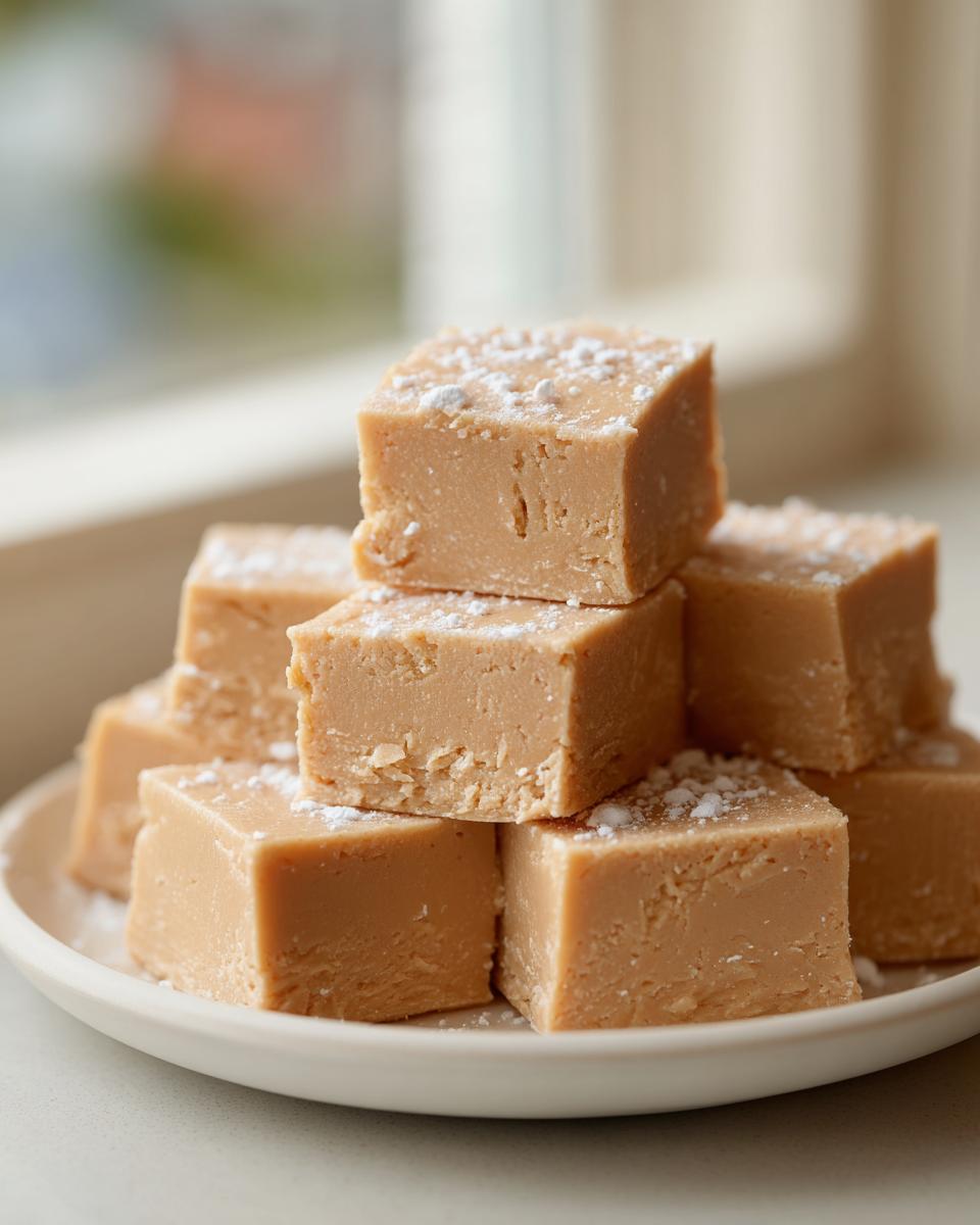 A stack of homemade peanut butter fudge squares dusted lightly with powdered sugar on a white plate.