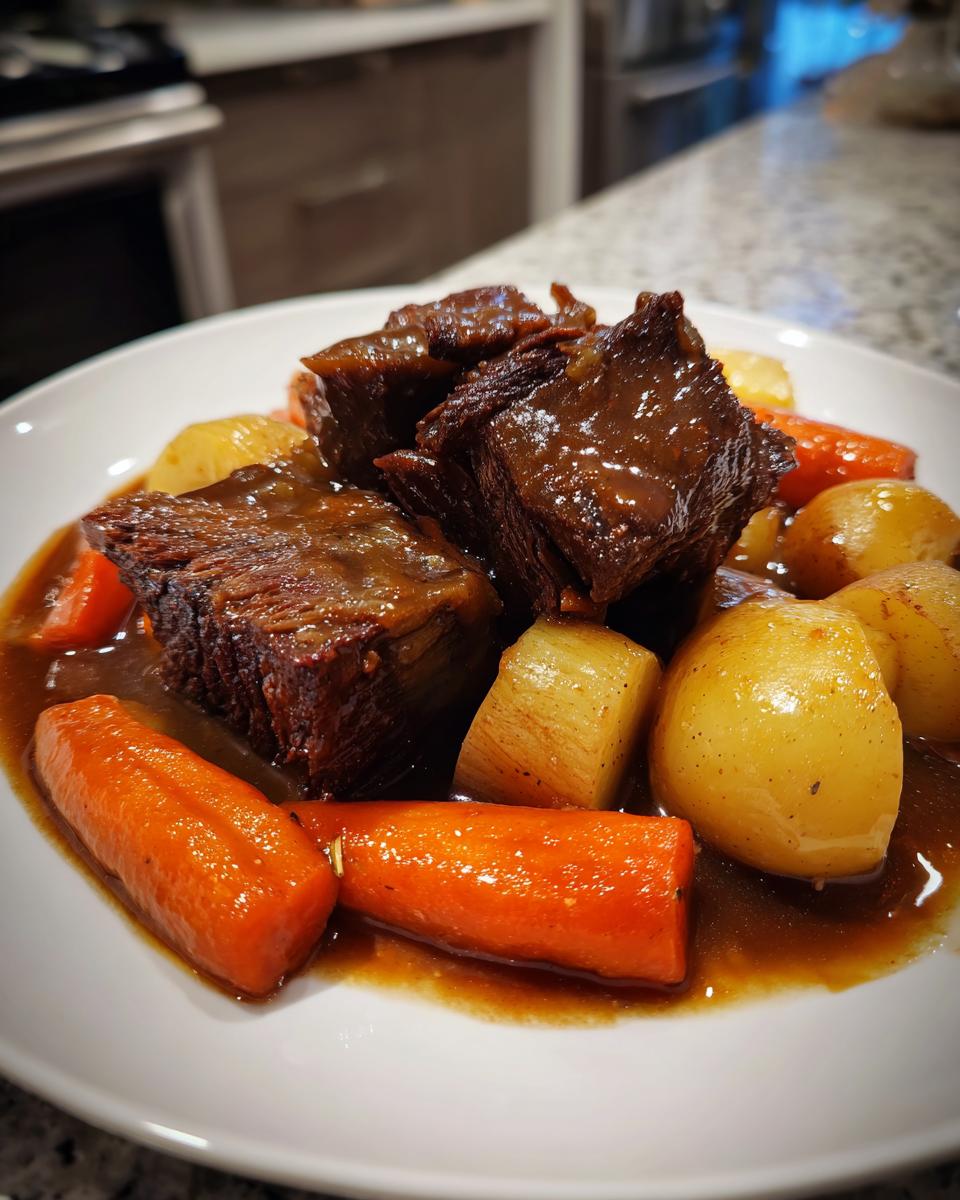 Close-up of tender chunks of pot roast served with glazed carrots and potatoes in rich gravy.