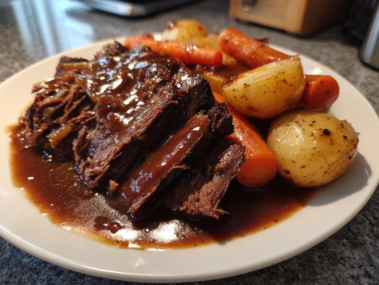 Close-up of shredded, tender pot roast covered in rich brown gravy, served alongside roasted carrots and potatoes.