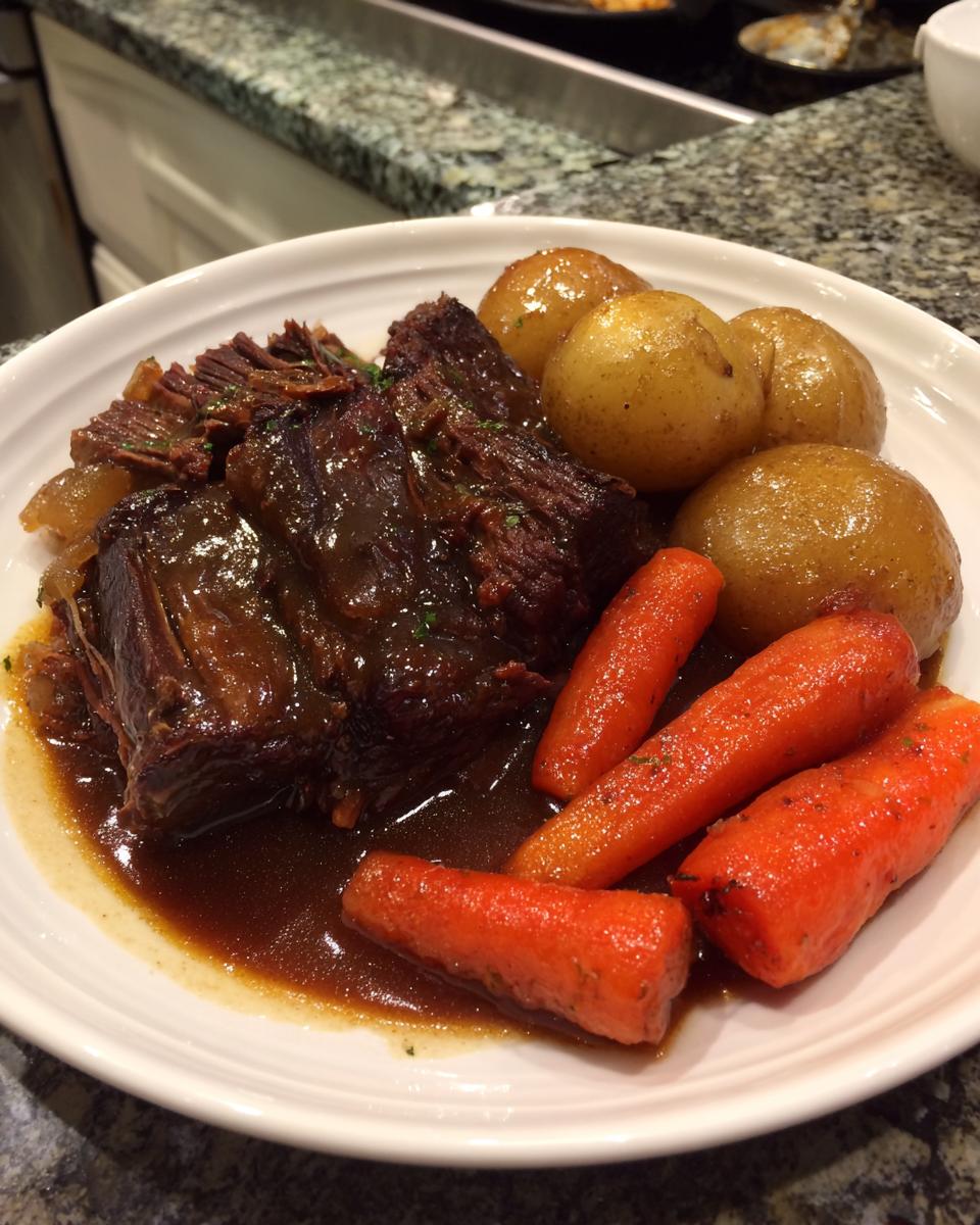 A plate featuring tender, shredded pot roast covered in rich gravy, served with roasted carrots and small whole potatoes.