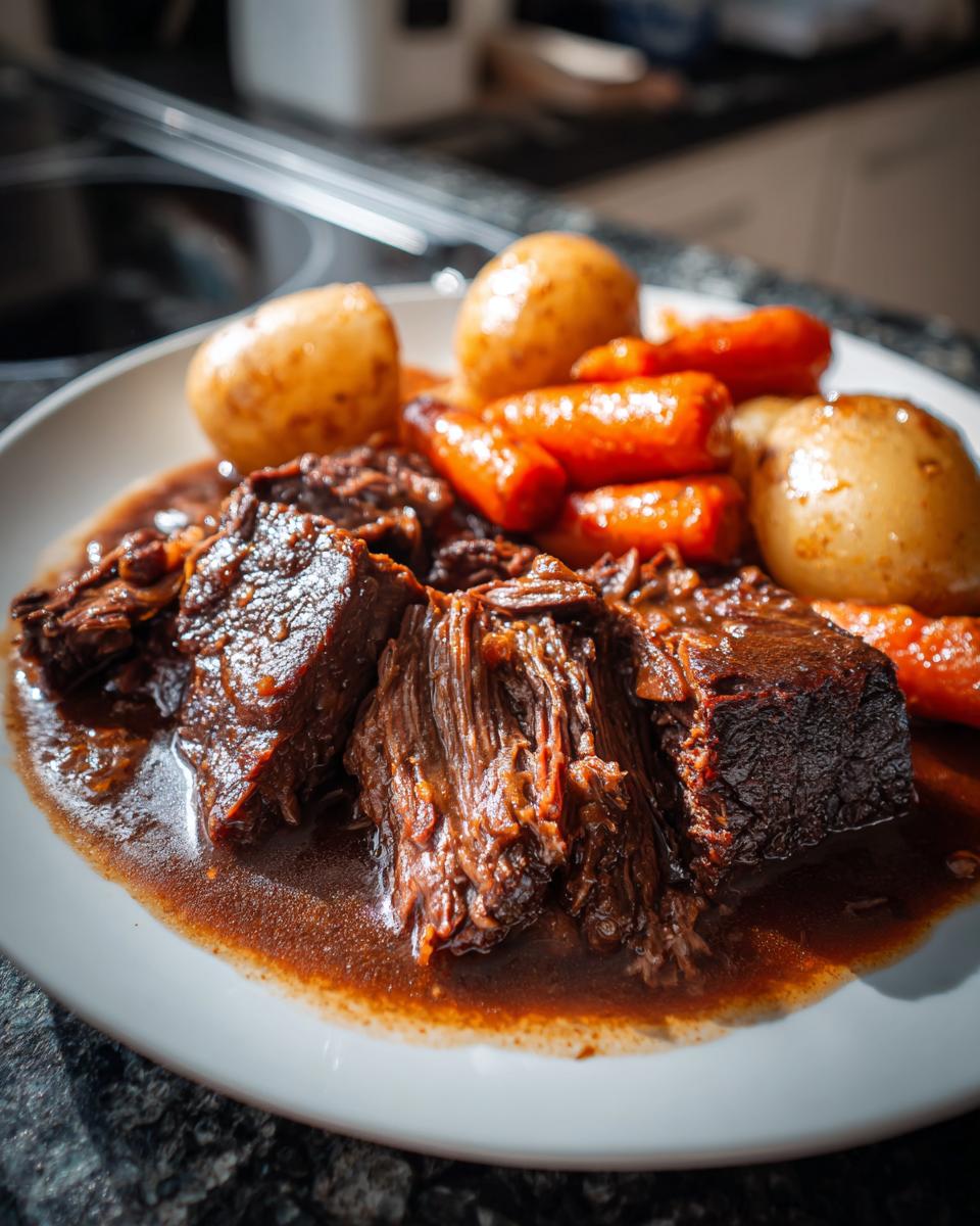 Close-up of tender, shredded pot roast served in rich gravy with whole carrots and small potatoes.