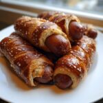 A pile of freshly baked pretzel dogs with shiny, dark brown crust and coarse salt crystals, resting on a white plate.