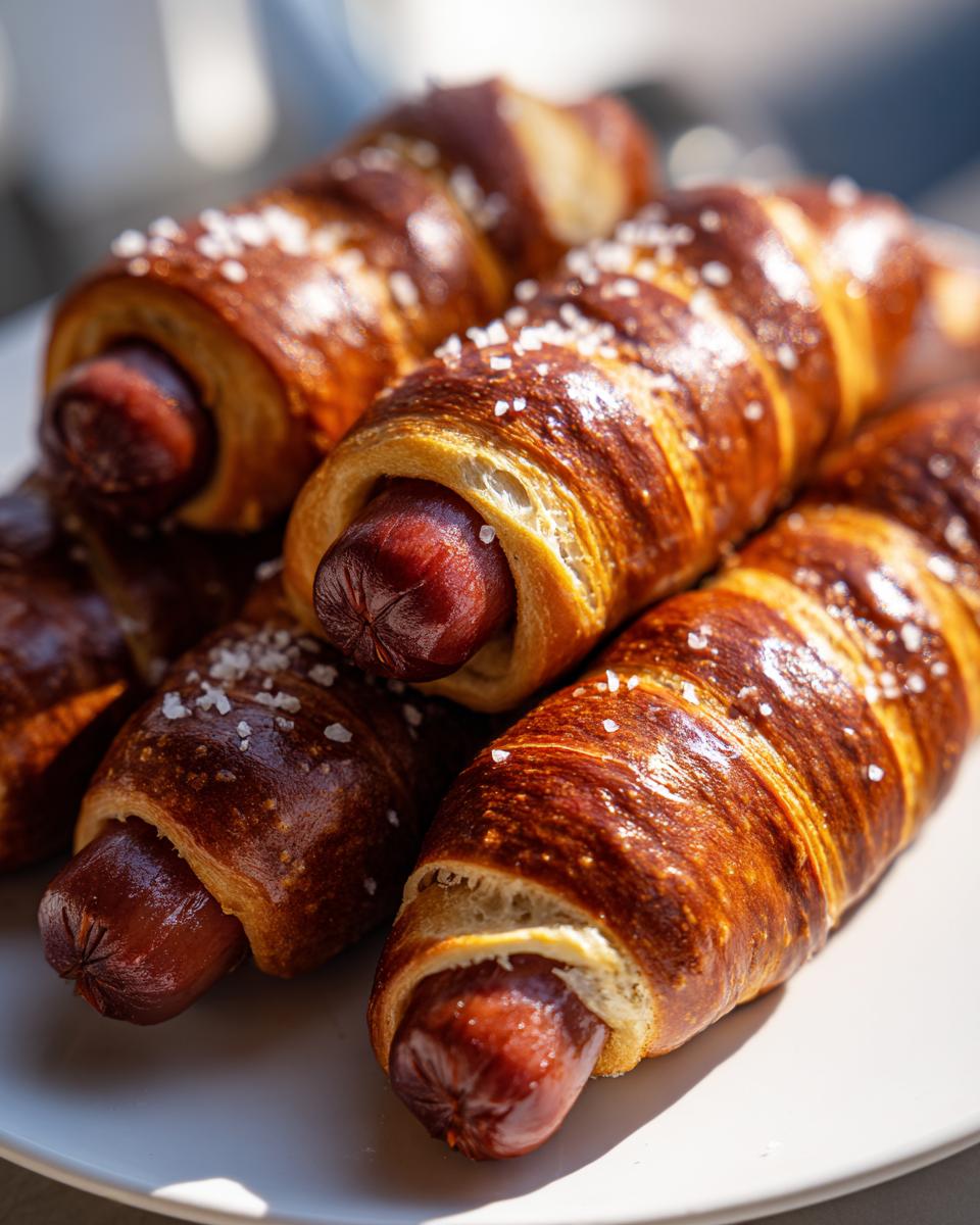 A close-up of several golden-brown pretzel dogs, featuring sausages wrapped in pretzel dough and topped with coarse salt.