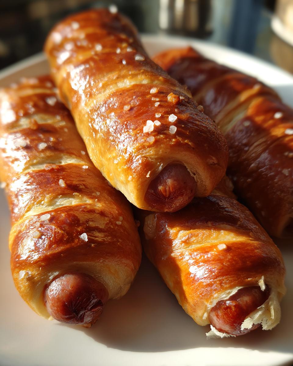 Close-up of four freshly baked pretzel dogs with shiny, dark brown crust and coarse salt crystals.
