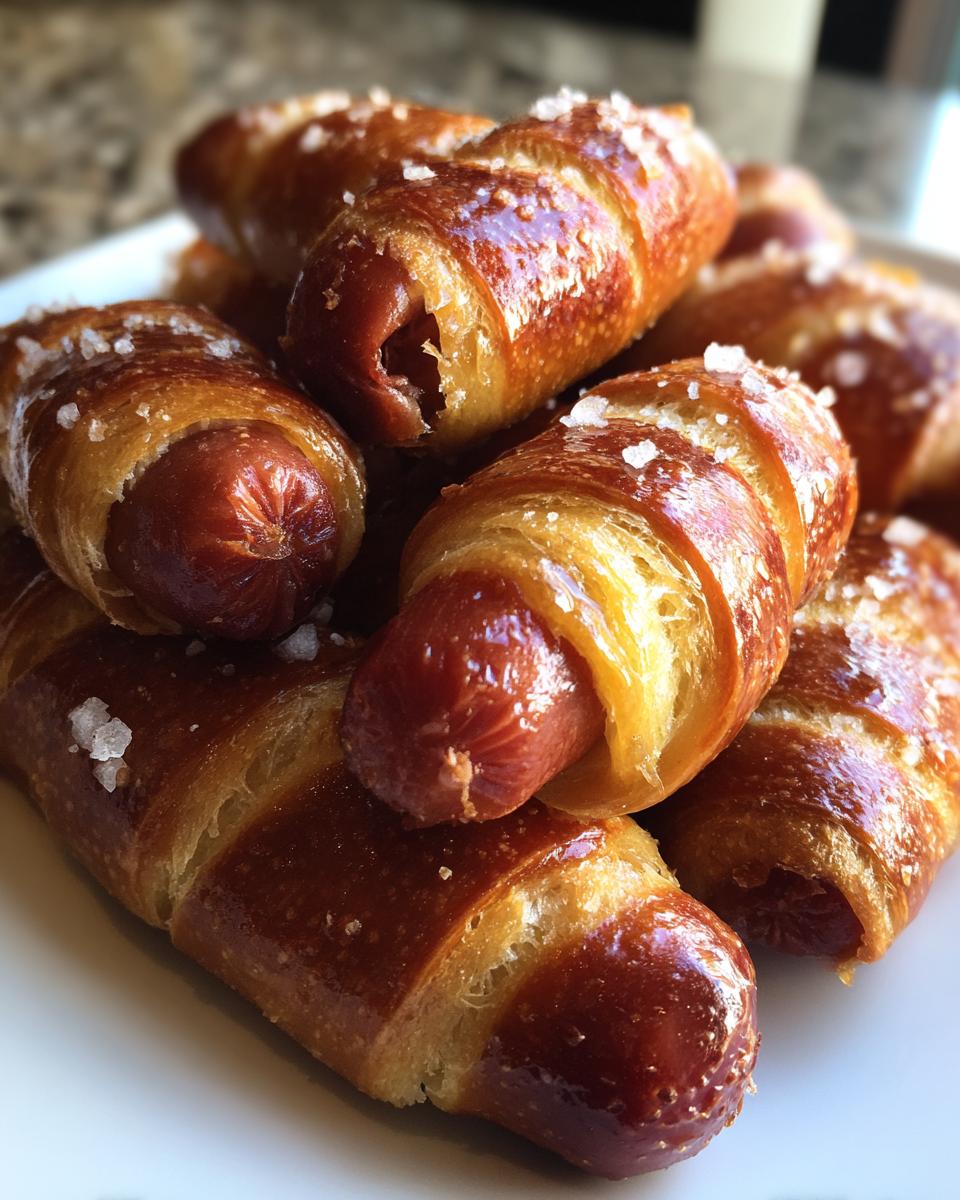 Close-up of several freshly baked pretzel dogs piled on a white plate, sprinkled with coarse salt.