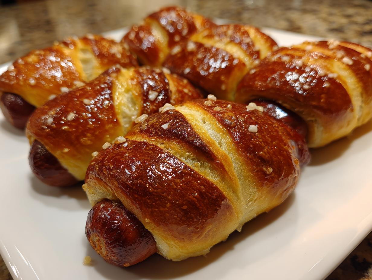 Several freshly baked pretzel dogs with a deep brown, shiny crust and coarse salt sprinkled on top, arranged on a white plate.