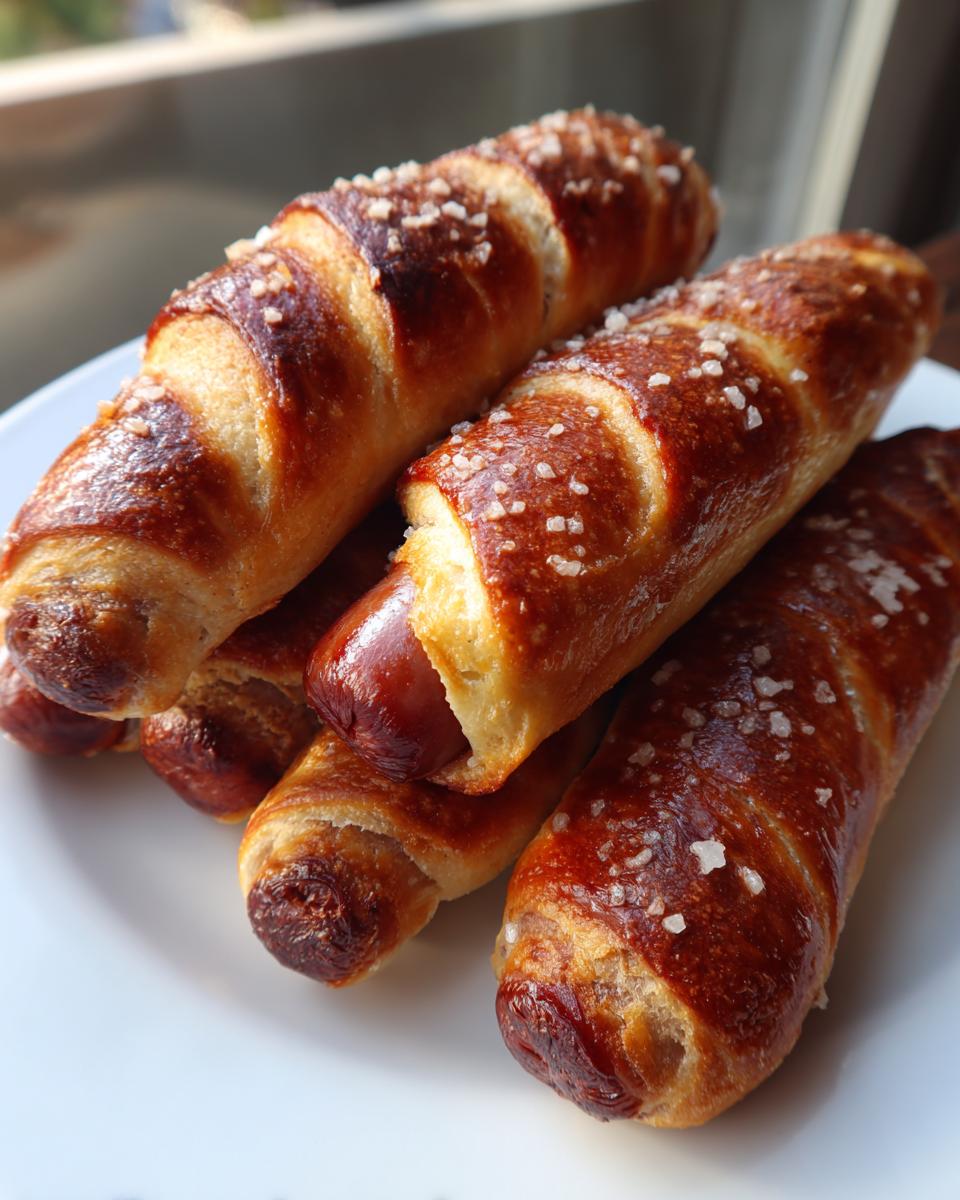 A stack of golden brown pretzel dogs, wrapped around sausages and topped with coarse sea salt, ready to eat.