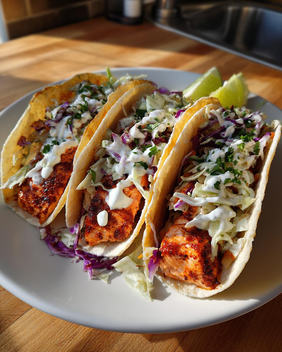 Three fully loaded salmon tacos featuring seasoned fish, crunchy slaw, and a drizzle of white sauce, served with lime wedges.