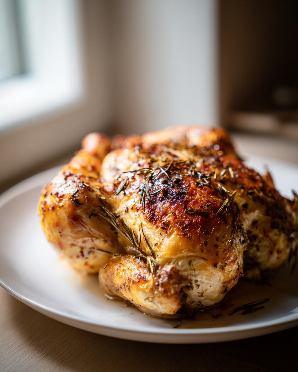 A perfectly roasted, golden-brown spatchcock chicken seasoned with fresh rosemary on a white plate.