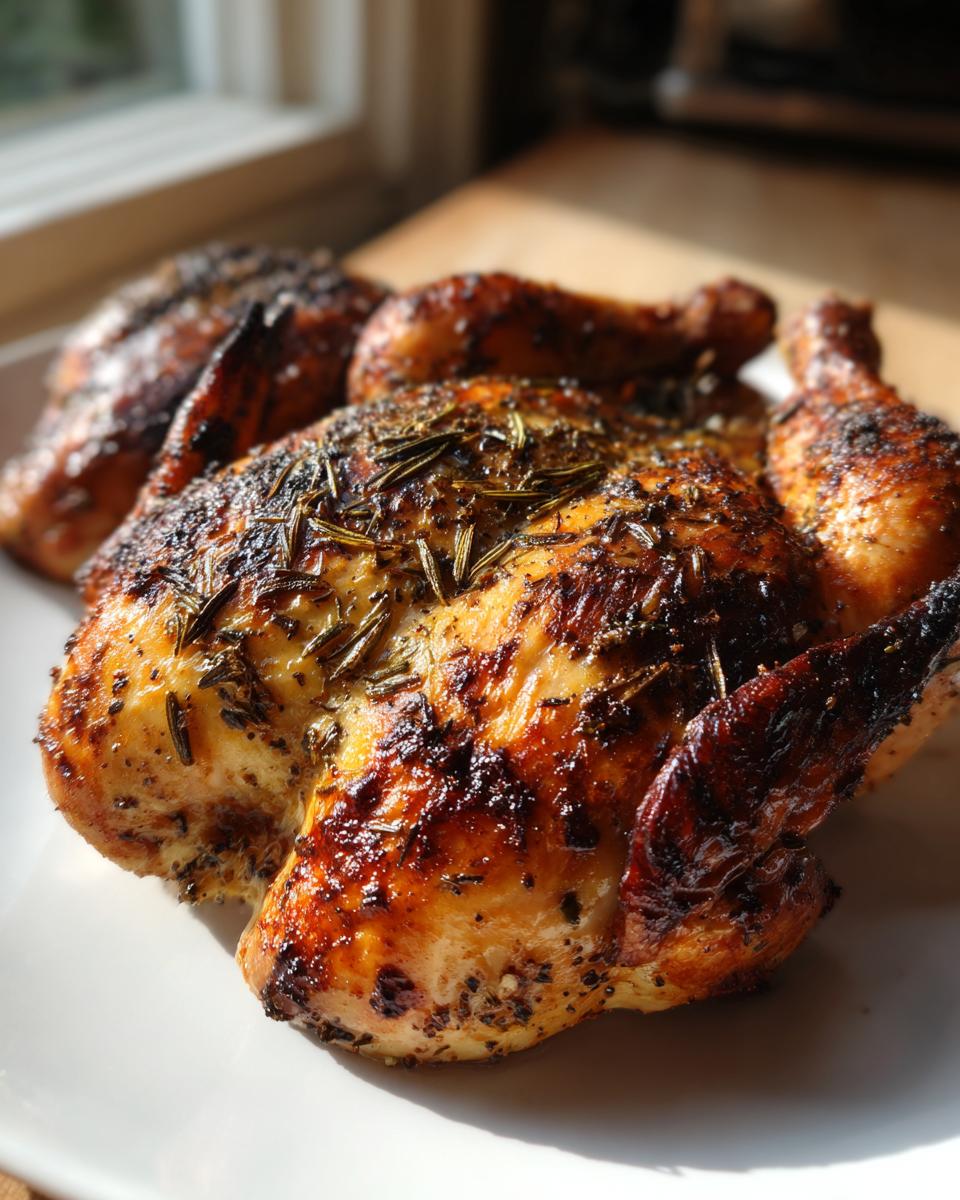 Close-up of a juicy, roasted spatchcock chicken with crispy, seasoned skin topped with rosemary.