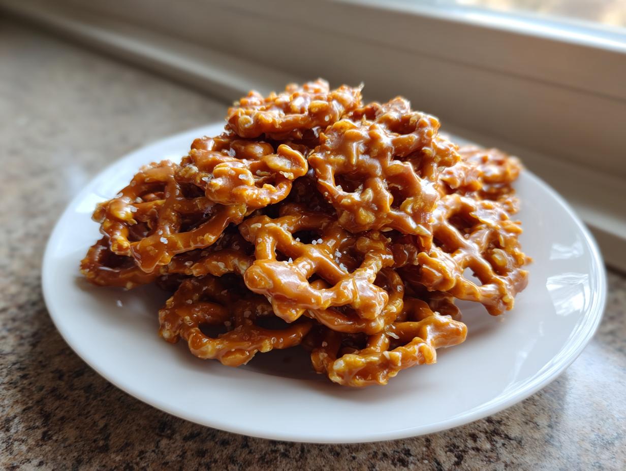 A close-up of a pile of crunchy toffee pretzels coated in glossy caramel and sprinkled with sea salt on a white plate.