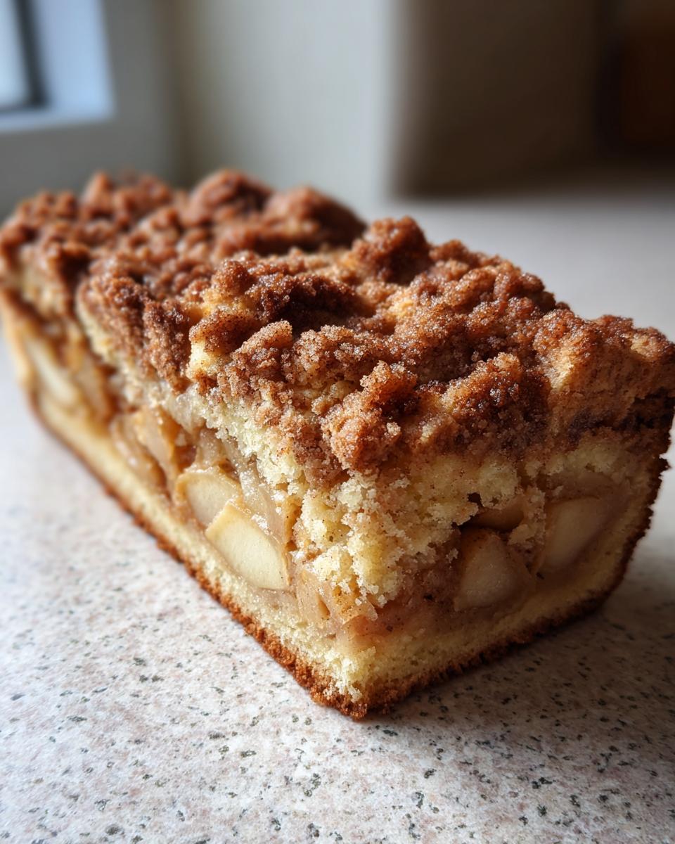 Close-up of a thick slice of apple crumb cake showing layers of spiced apples and a thick, sugary cinnamon crumb topping.