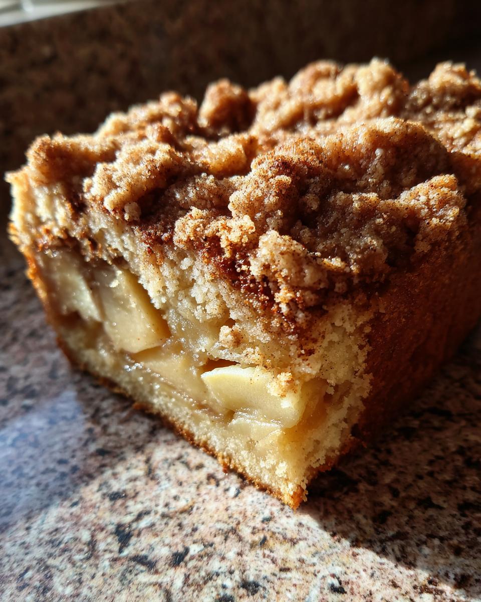 A close-up, sunlit shot of a moist slice of apple crumb cake showing the thick cinnamon streusel topping and tender apple filling.