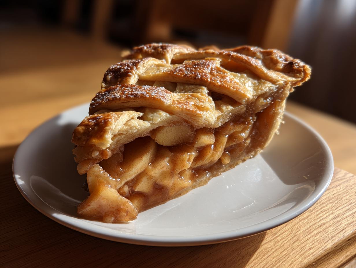A close-up, sunlit slice of homemade apple pie featuring a golden lattice crust and thick apple filling.
