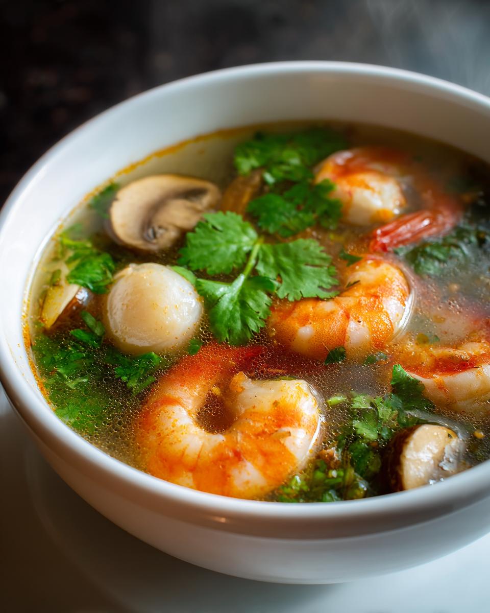 Close-up of a white bowl filled with steaming tom yum soup featuring large shrimp, mushrooms, and fresh cilantro.