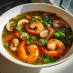 Close-up of a steaming bowl of authentic tom yum soup featuring large shrimp, sliced mushrooms, and fresh cilantro.