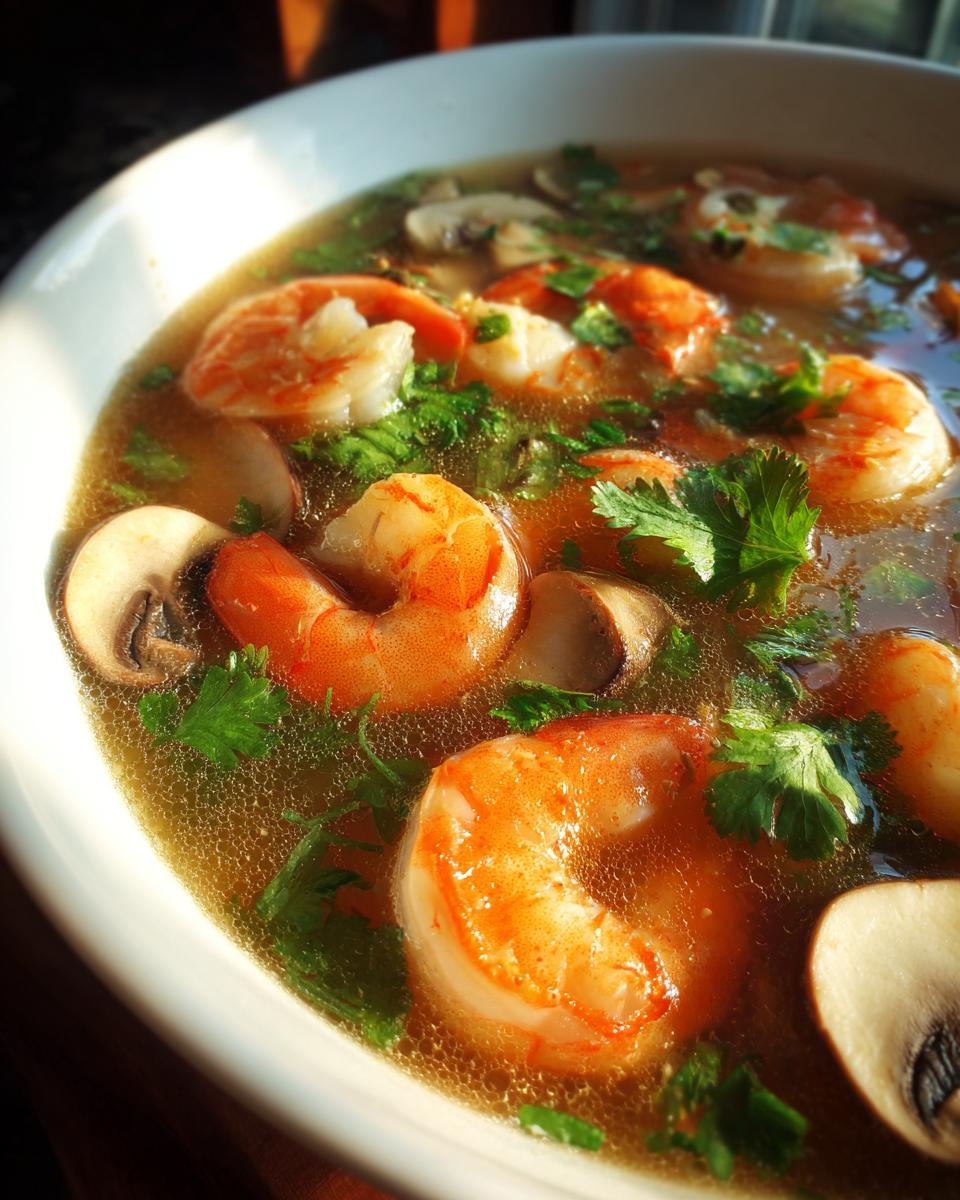 Close-up of a white bowl filled with authentic tom yum soup featuring plump shrimp, sliced mushrooms, and fresh cilantro.