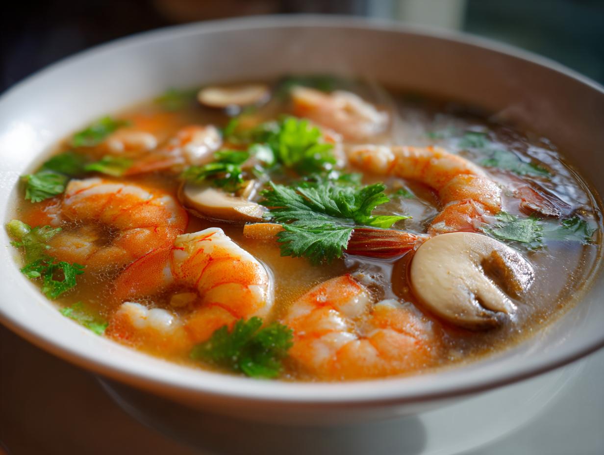 Close-up of a steaming bowl of authentic tom yum soup featuring large pink shrimp and sliced mushrooms.