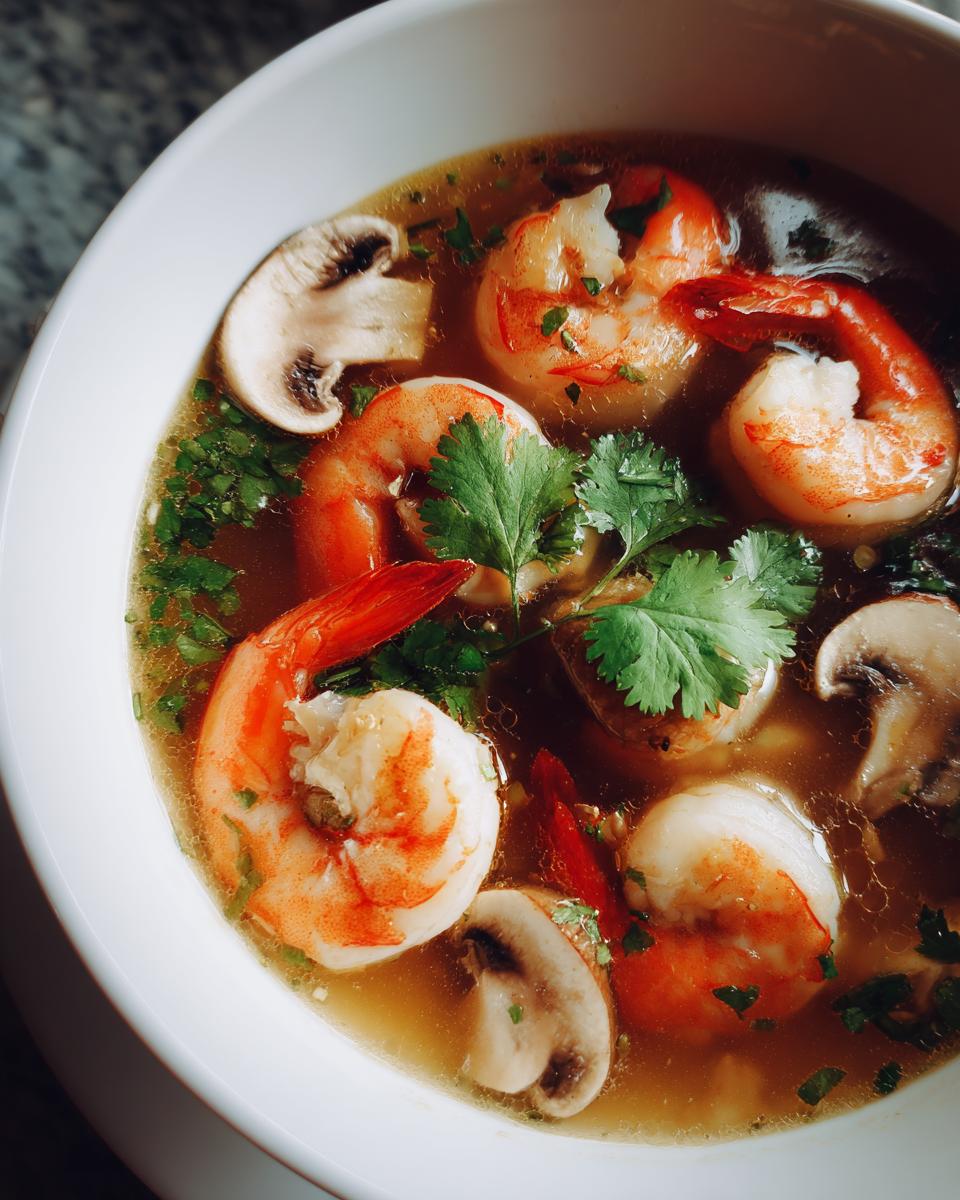 A close-up shot of a white bowl filled with authentic tom yum soup featuring large shrimp, sliced mushrooms, and cilantro.