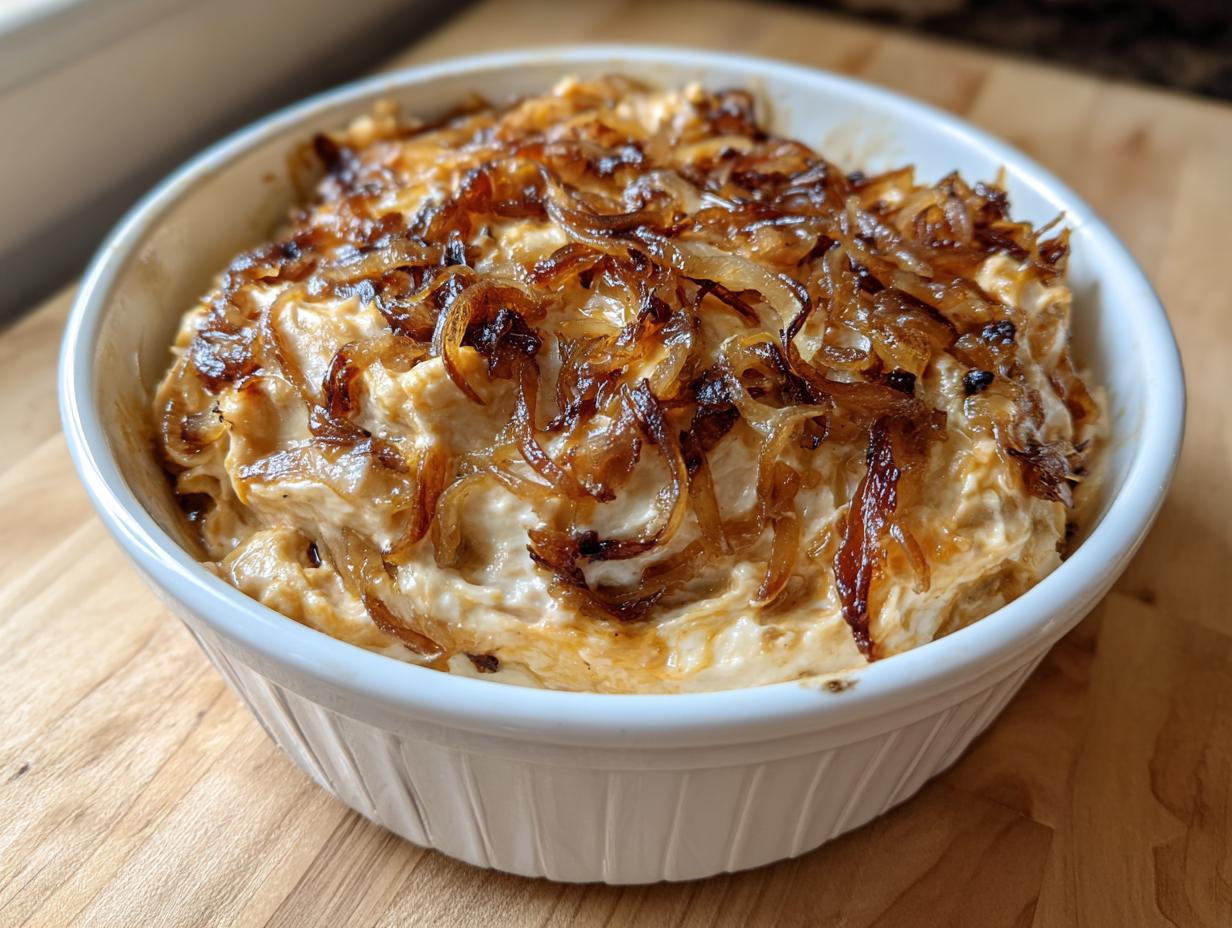 A creamy, baked caramelized onion dip topped generously with dark, sweet caramelized onions in a white ceramic dish.