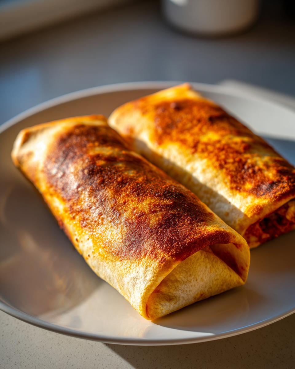Two perfectly baked chicken chimichangas with a golden, slightly browned tortilla crust resting on a white plate.