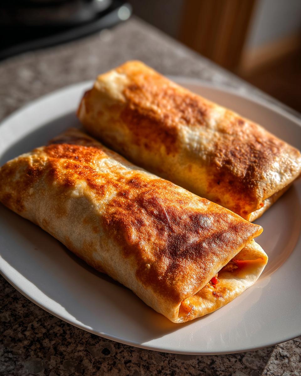 Two golden brown, crispy Baked Chicken Chimichangas resting on a white plate, ready to eat.