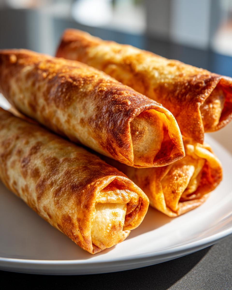 Close-up of three golden brown, crispy Baked Chicken Chimichangas stacked on a white plate.