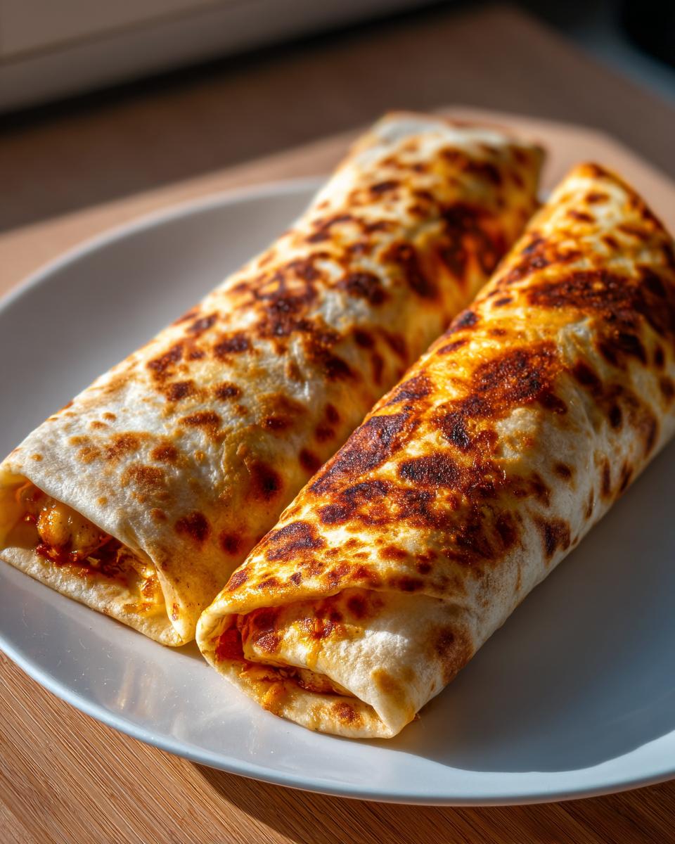 Two golden-brown, baked chicken chimichangas resting on a white plate, showing toasted tortilla exteriors.
